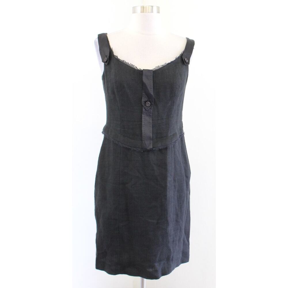 Les Copains Black Linen Blend Tweed Texture Mesh Trim Sheath Dress Size 42 Mini
